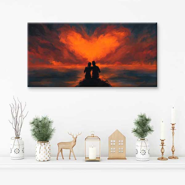 Kalp Şeklinde Gün Batımı Romantik Kanvas Tablo 4466