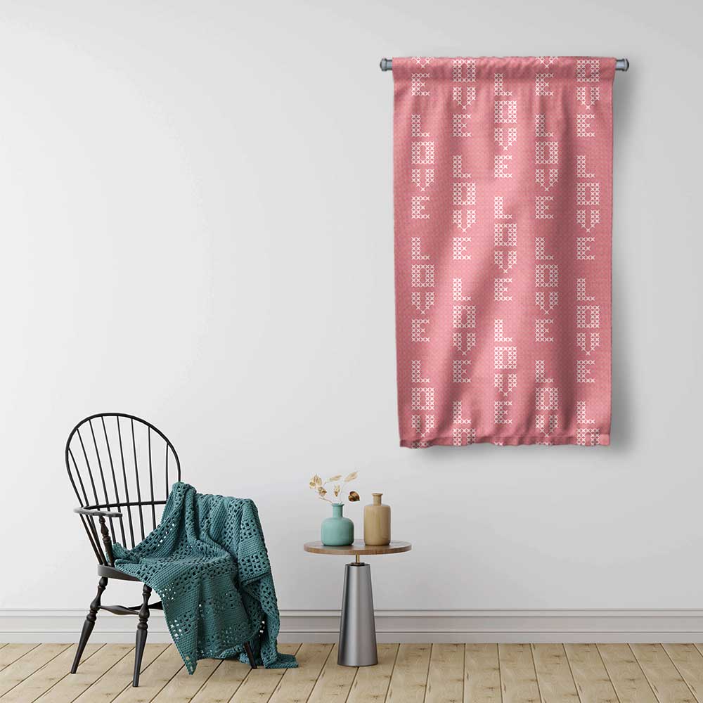 Pembe LOVE Desenli Romantik Duvar Flaması 4561