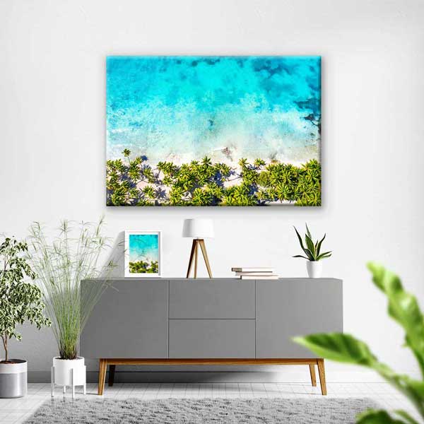 Turkuaz Deniz ve Palmiye Kıyısı Manzara Duvar Tablosu Kanvas Tablo 4567