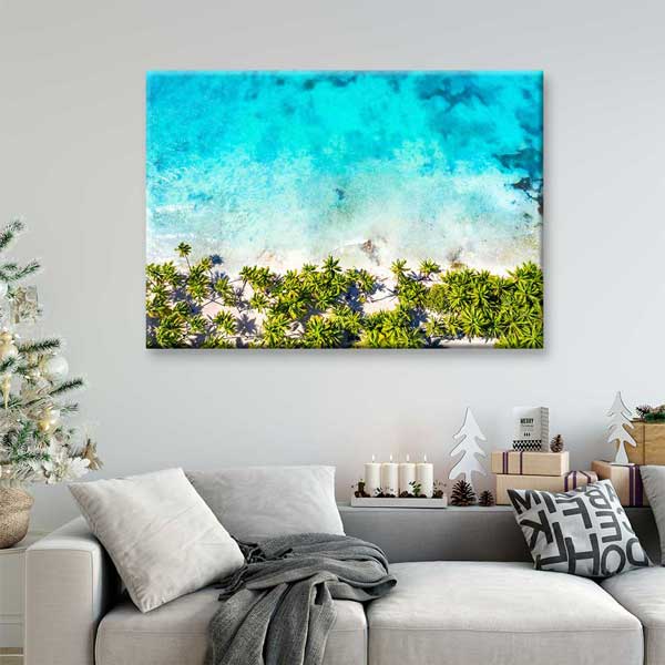 Turkuaz Deniz ve Palmiye Kıyısı Manzara Duvar Tablosu Kanvas Tablo 4567