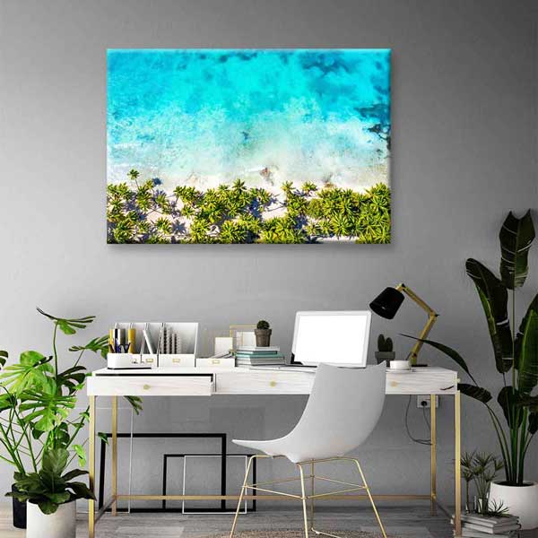 Turkuaz Deniz ve Palmiye Kıyısı Manzara Duvar Tablosu Kanvas Tablo 4567