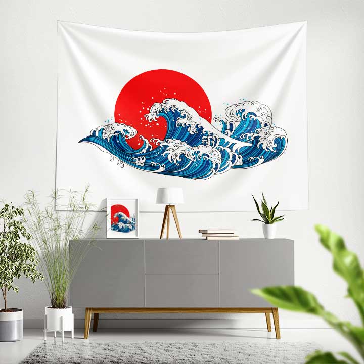 Kırmızı Güneş Önünde Japon Dalga İllüstrasyonlu Duvar Örtüsü 4641