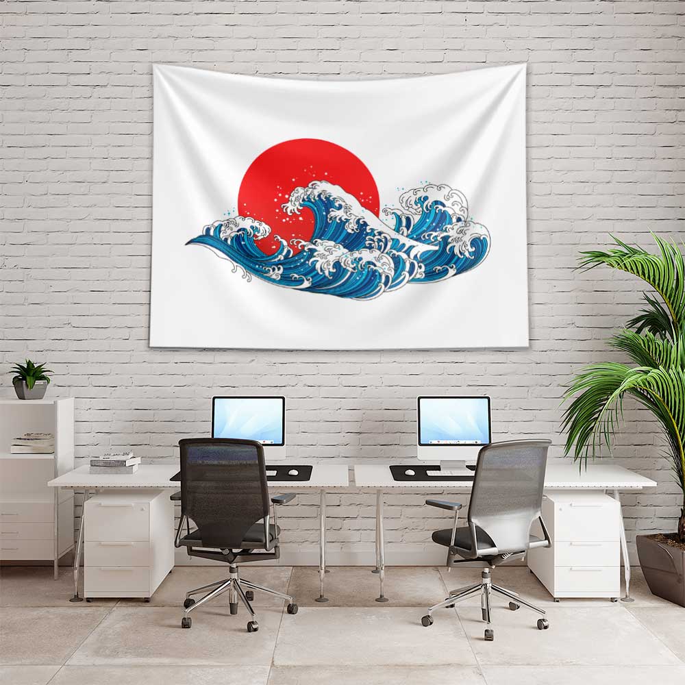 Kırmızı Güneş Önünde Japon Dalga İllüstrasyonlu Duvar Örtüsü 4641