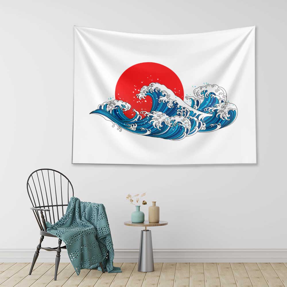 Kırmızı Güneş Önünde Japon Dalga İllüstrasyonlu Duvar Örtüsü 4641