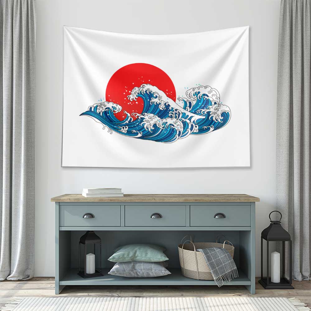 Kırmızı Güneş Önünde Japon Dalga İllüstrasyonlu Duvar Örtüsü 4641