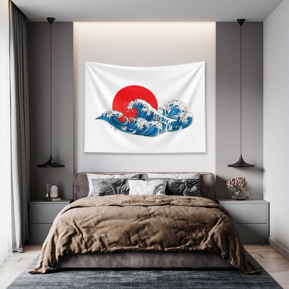 Kırmızı Güneş Önünde Japon Dalga İllüstrasyonlu Duvar Örtüsü 4641