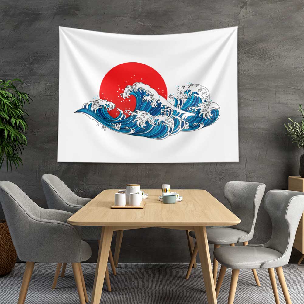 Kırmızı Güneş Önünde Japon Dalga İllüstrasyonlu Duvar Örtüsü 4641