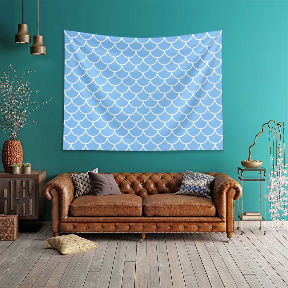 Açık Mavi Balık Pulu Desenli Deniz Temalı Duvar Örtüsü 4644