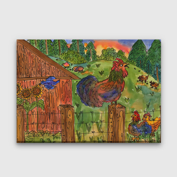 Çiftlikte Horozlar ve Kır Hayatı İllüstrasyonu Kanvas Tablo 4688
