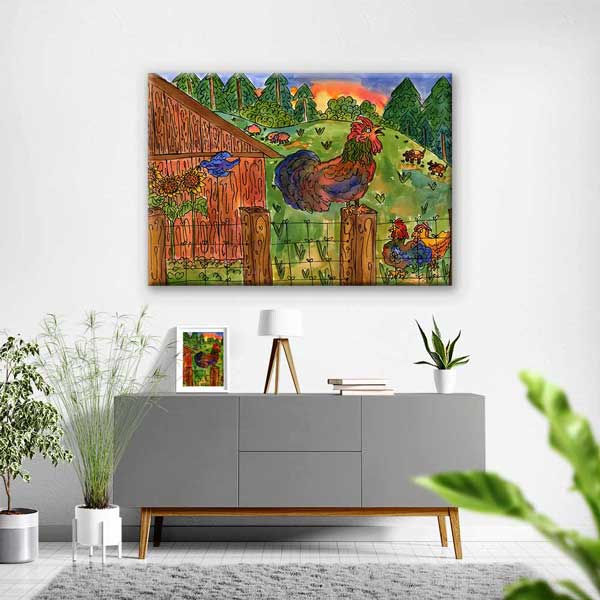 Çiftlikte Horozlar ve Kır Hayatı İllüstrasyonu Kanvas Tablo 4688