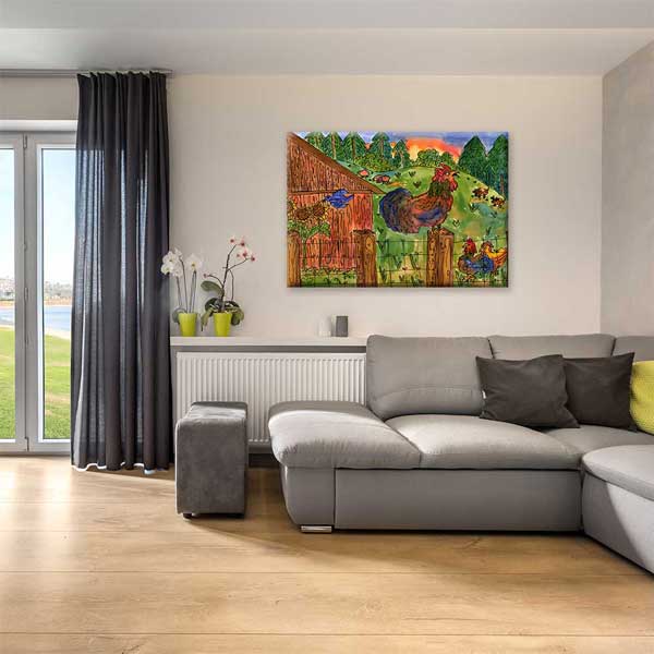 Çiftlikte Horozlar ve Kır Hayatı İllüstrasyonu Kanvas Tablo 4688