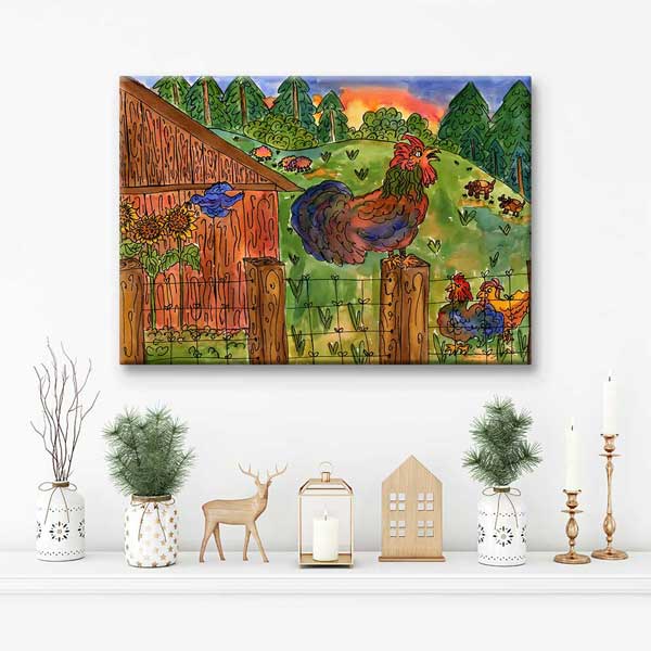 Çiftlikte Horozlar ve Kır Hayatı İllüstrasyonu Kanvas Tablo 4688