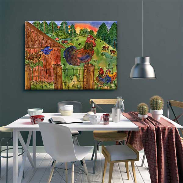 Çiftlikte Horozlar ve Kır Hayatı İllüstrasyonu Kanvas Tablo 4688