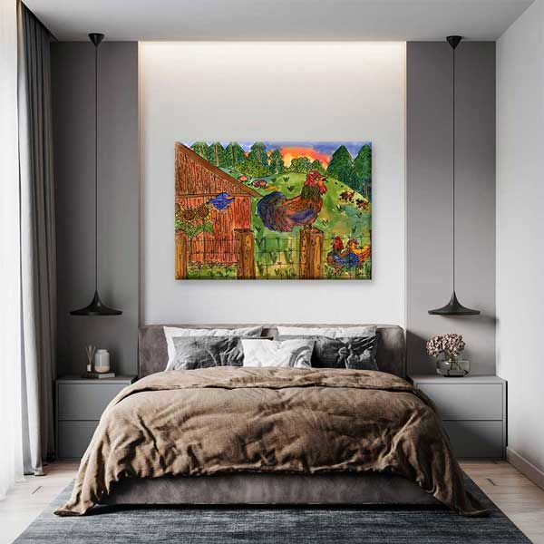 Çiftlikte Horozlar ve Kır Hayatı İllüstrasyonu Kanvas Tablo 4688