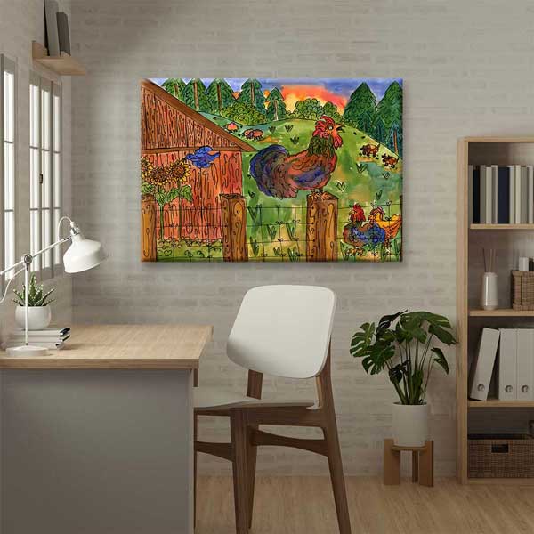 Çiftlikte Horozlar ve Kır Hayatı İllüstrasyonu Kanvas Tablo 4688