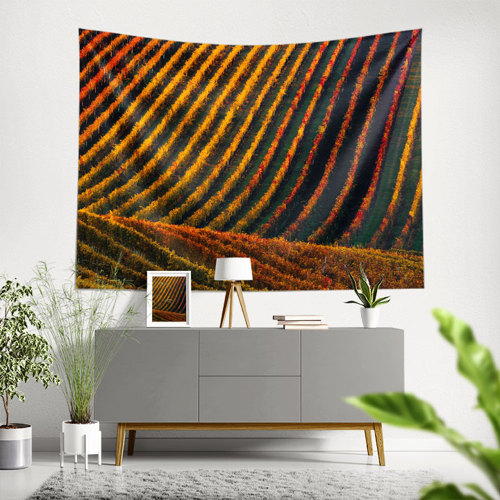 Sonbahar Tonlarında Bağ Sıraları Kır Manzarası Duvar Örtüsü Kumaş Baskı 4738