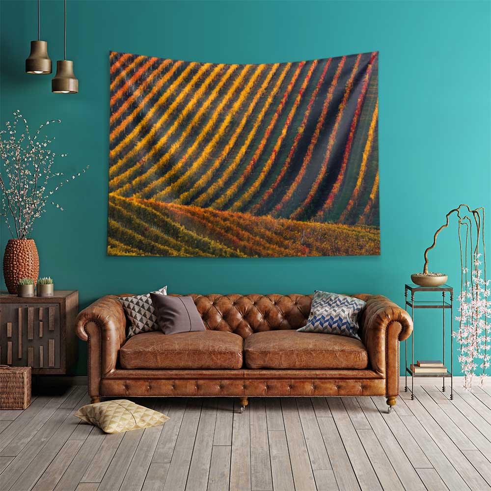 Sonbahar Tonlarında Bağ Sıraları Kır Manzarası Duvar Örtüsü Kumaş Baskı 4738