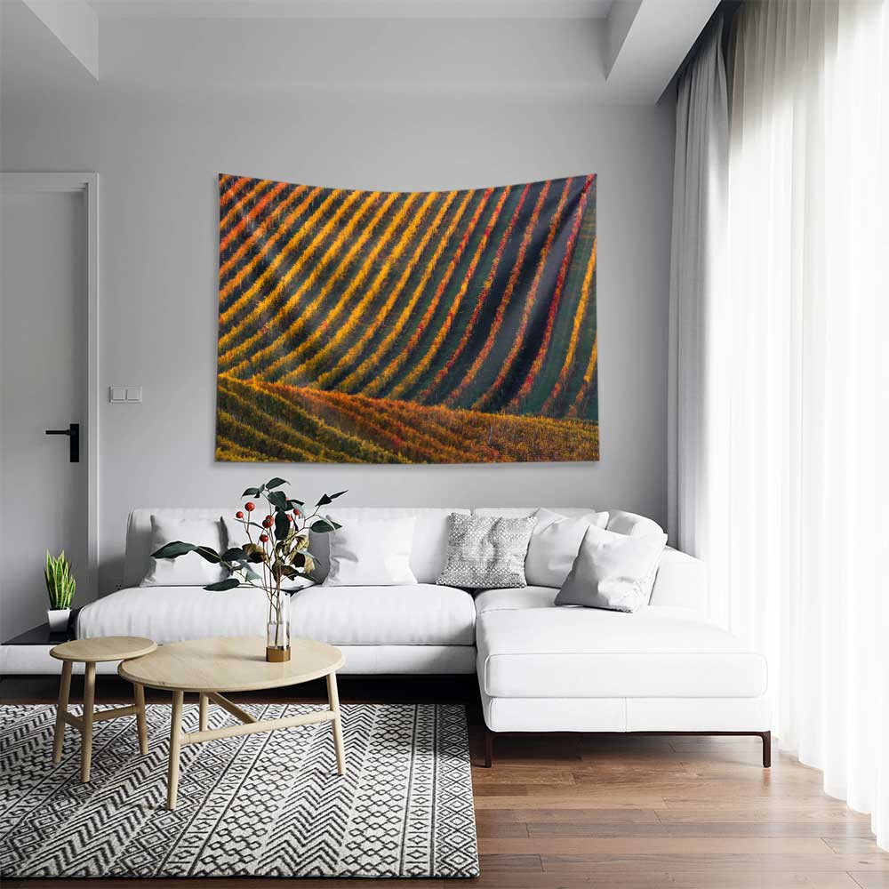 Sonbahar Tonlarında Bağ Sıraları Kır Manzarası Duvar Örtüsü Kumaş Baskı 4738