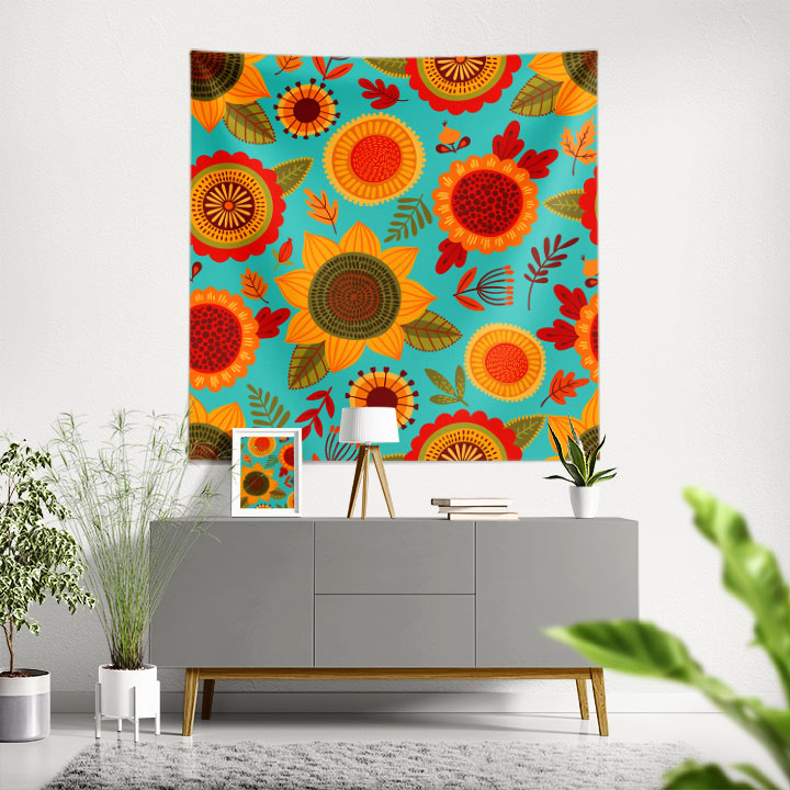 Turkuaz Zemin Üzerinde Retro Çiçek Desenli Duvar Örtüsü 4755