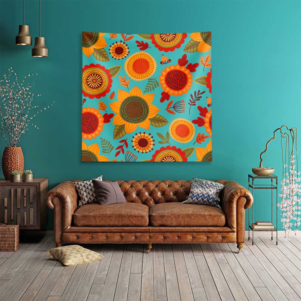 Turkuaz Zemin Üzerinde Retro Çiçek Desenli Duvar Örtüsü 4755