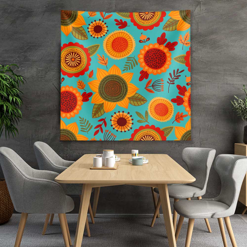 Turkuaz Zemin Üzerinde Retro Çiçek Desenli Duvar Örtüsü 4755