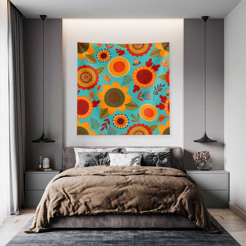 Turkuaz Zemin Üzerinde Retro Çiçek Desenli Duvar Örtüsü 4755