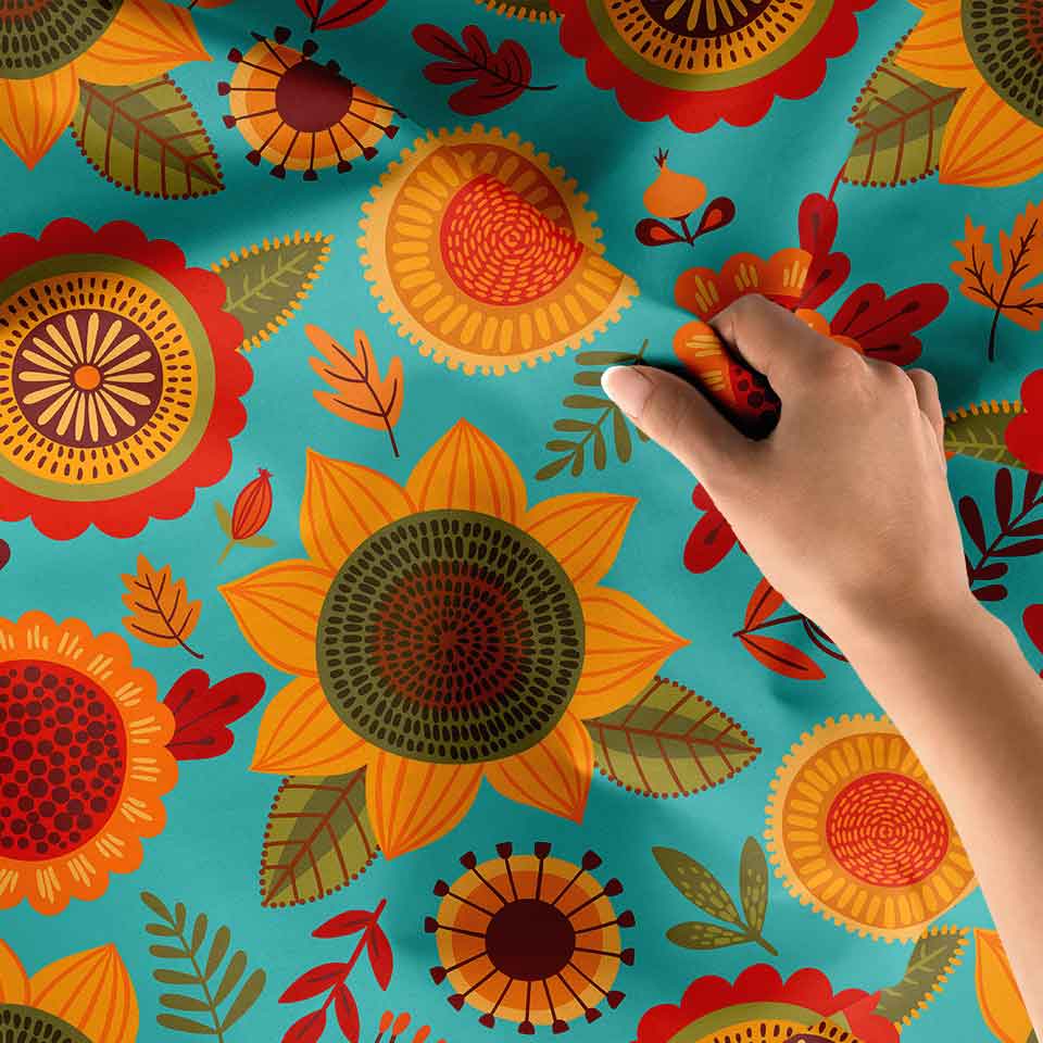 Turkuaz Zemin Üzerinde Retro Çiçek Desenli Duvar Örtüsü 4755