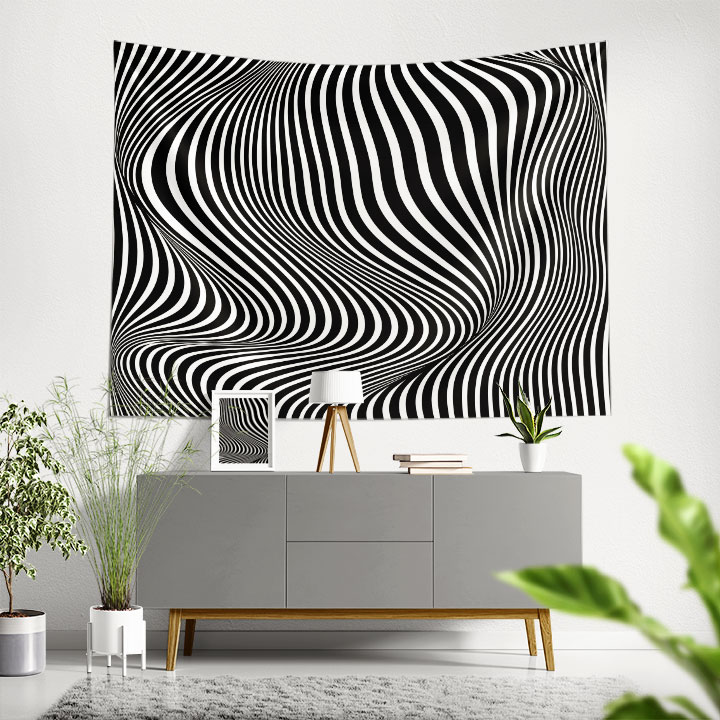 Siyah Beyaz Optik Dalga Desenli Dijital Sanat Duvar Örtüsü 4876