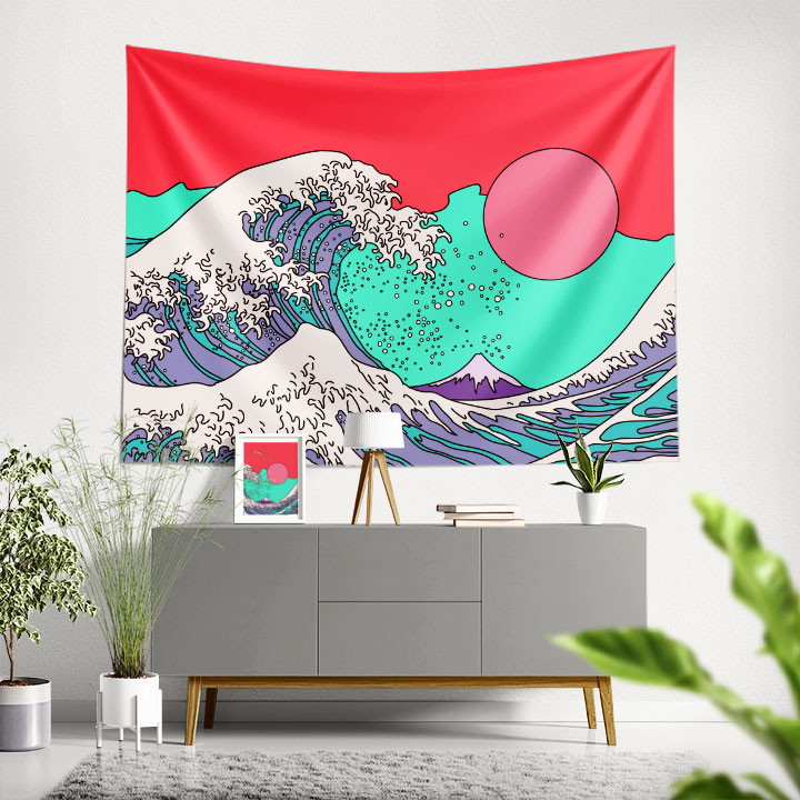 duvar-dekoru-4879-00 Renkli Dalga İllüstrasyonlu Dijital Sanat Duvar Örtüsü 4879