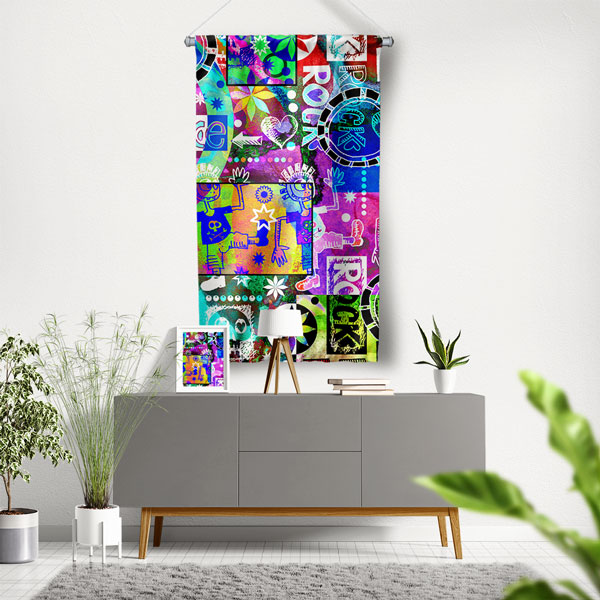 Pop Art Müzik Kolajı Modern Duvar Flaması Kumaş Baskı 5093