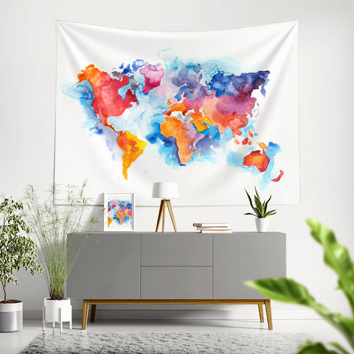 Akvarel Sulu Boya Dünya Haritası Duvar Örtüsü 5145