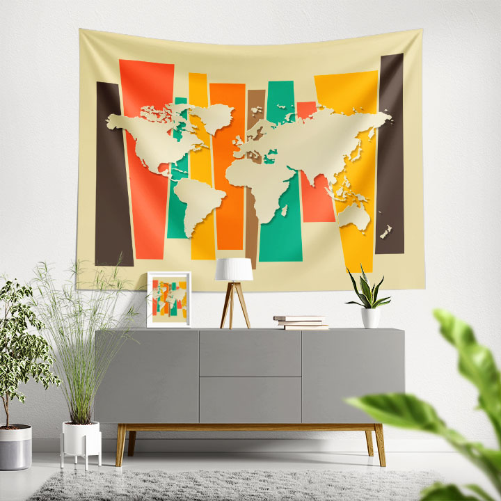 Renkli Paneller Üzerinde Silüet Dünya Haritası Duvar Örtüsü 5151
