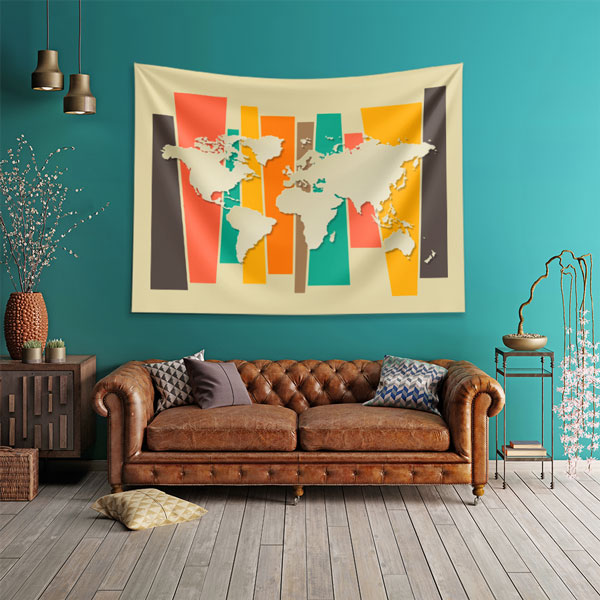 Renkli Paneller Üzerinde Silüet Dünya Haritası Duvar Örtüsü 5151