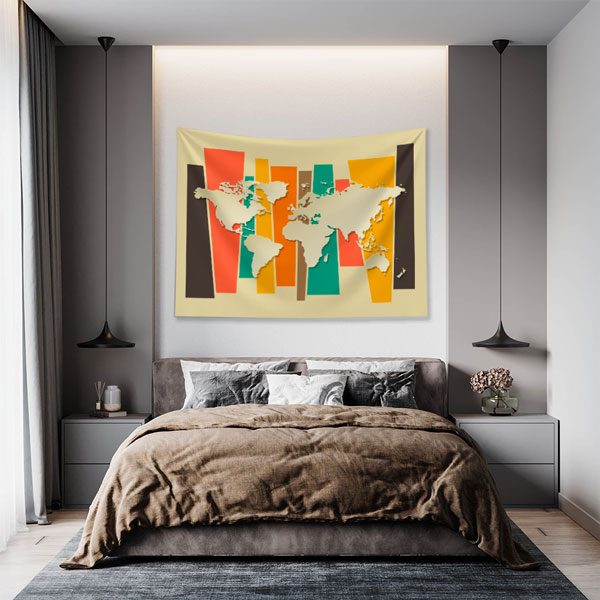 Renkli Paneller Üzerinde Silüet Dünya Haritası Duvar Örtüsü 5151