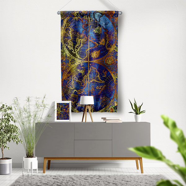 Antik Kartografya Stilinde Çift Küre Dünya Haritası Duvar Flaması 5154