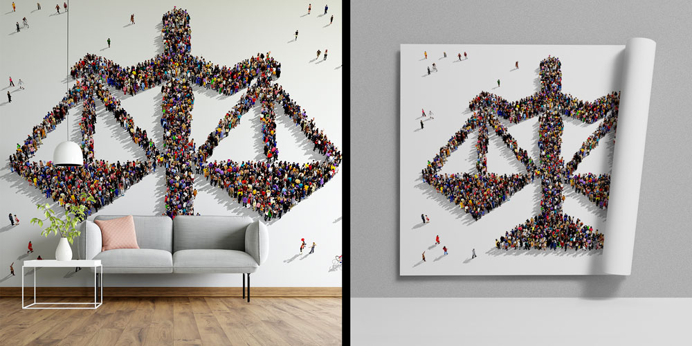 Hukuk Temalı Duvar Kağıdı – İnsan Figürleri ile Adalet Terazisi Tasarımı 5283