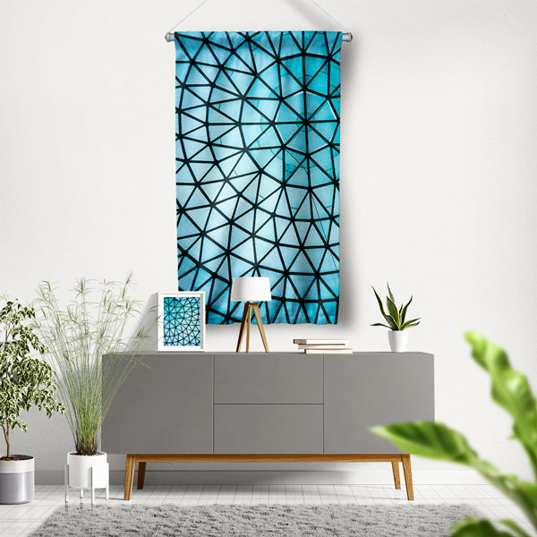 Mavi Geometrik Desenli Duvar Flaması Kumaş Baskı 5618