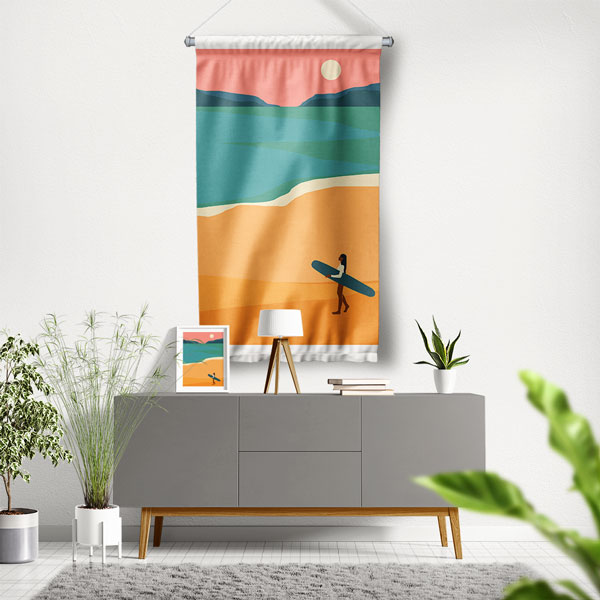 Minimal Sahil ve Sörfçü Figürlü Duvar Flaması 6306