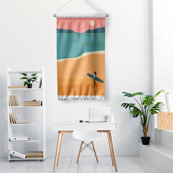 Minimal Sahil ve Sörfçü Figürlü Duvar Flaması 6306