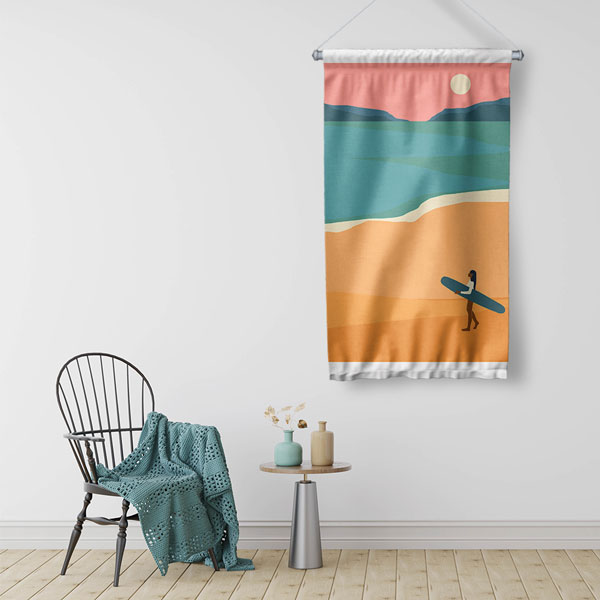 Minimal Sahil ve Sörfçü Figürlü Duvar Flaması 6306