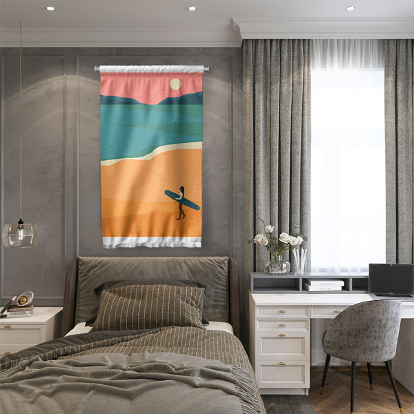 Minimal Sahil ve Sörfçü Figürlü Duvar Flaması 6306