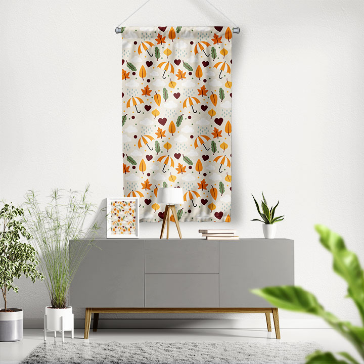 Sonbahar Şemsiye ve Yaprak Desenli Sevimli Duvar Flaması Kumaş Baskı 4306