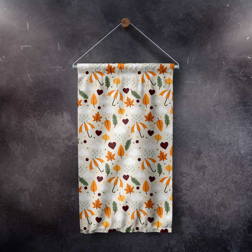 Sonbahar Şemsiye ve Yaprak Desenli Sevimli Duvar Flaması Kumaş Baskı 4306