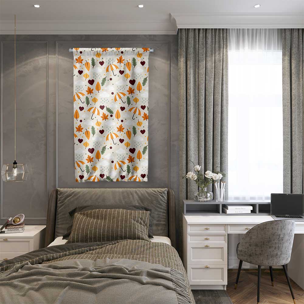 Sonbahar Şemsiye ve Yaprak Desenli Sevimli Duvar Flaması Kumaş Baskı 4306