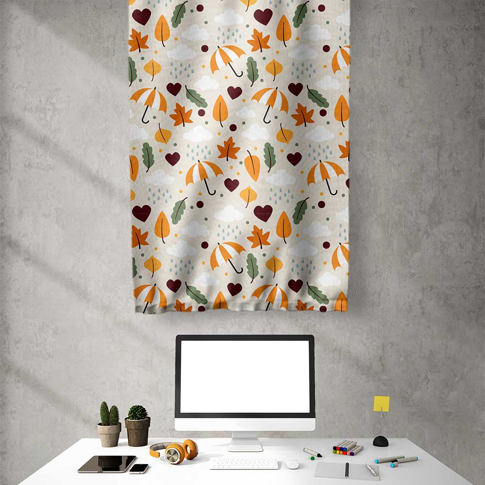 Sonbahar Şemsiye ve Yaprak Desenli Sevimli Duvar Flaması Kumaş Baskı 4306