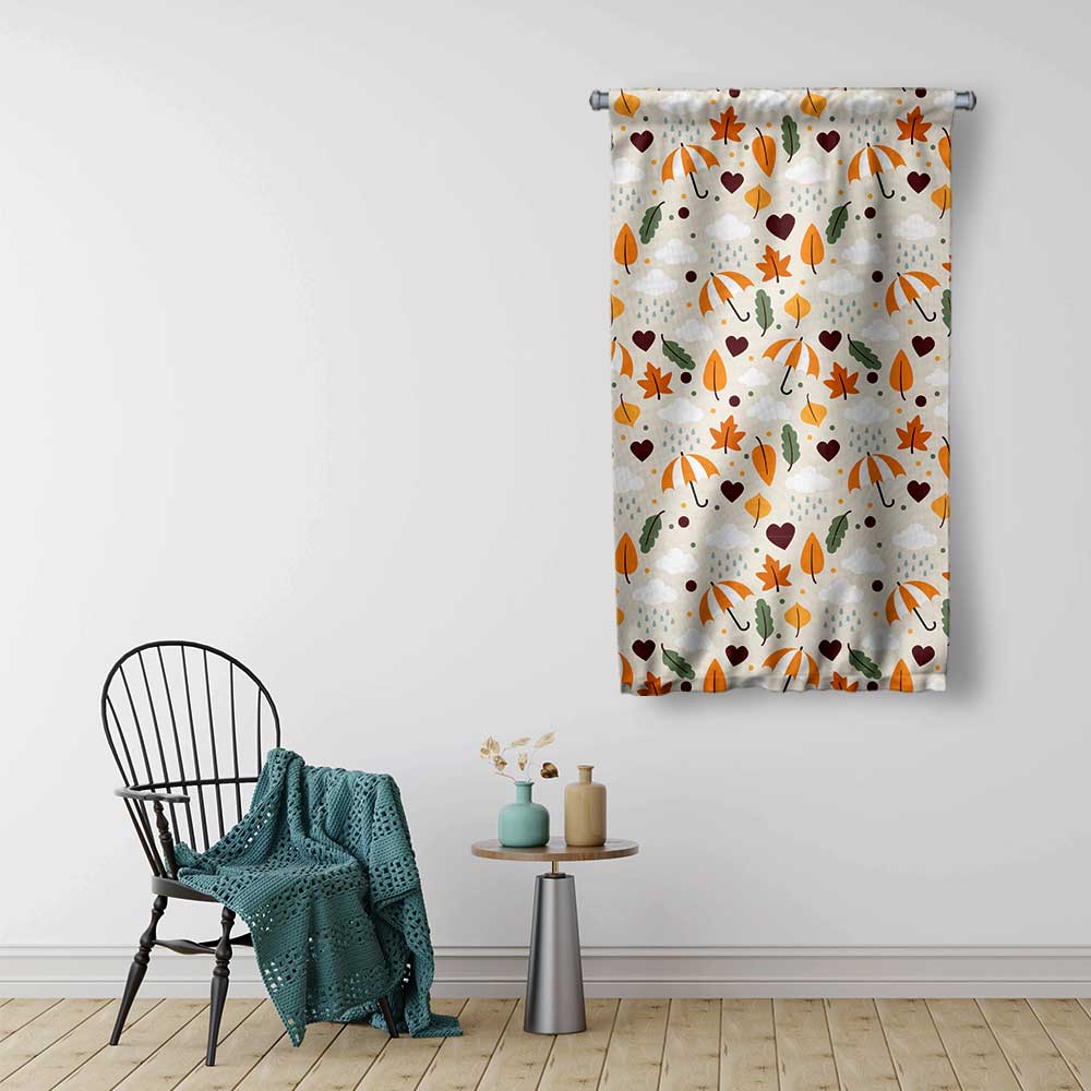 Sonbahar Şemsiye ve Yaprak Desenli Sevimli Duvar Flaması Kumaş Baskı 4306