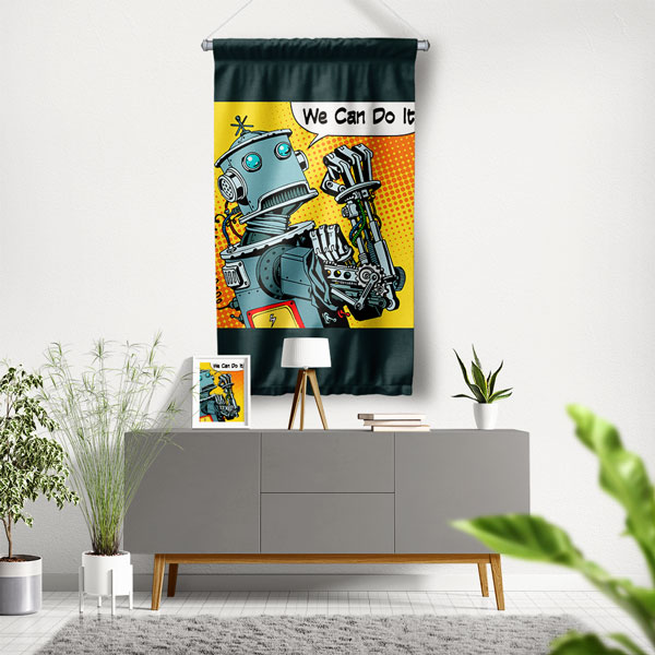 Retro Robot “We Can Do It!” Tasarımlı Duvar Flaması 5511