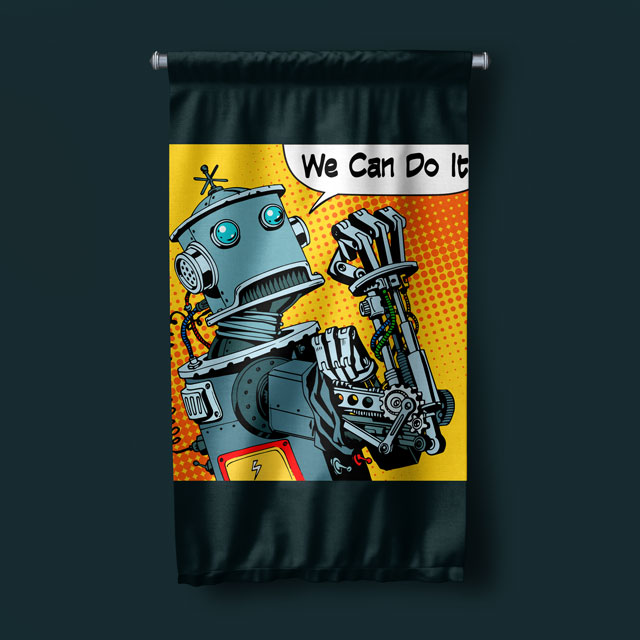 Retro Robot “We Can Do It!” Tasarımlı Duvar Flaması 5511