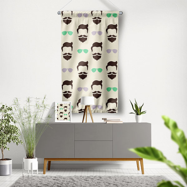 duvar-flama-dekor-5776-00 Minimalist Sakallı Erkek ve Renkli Gözlük Desenli Berber Duvar Flaması Kumaş Baskı 5776