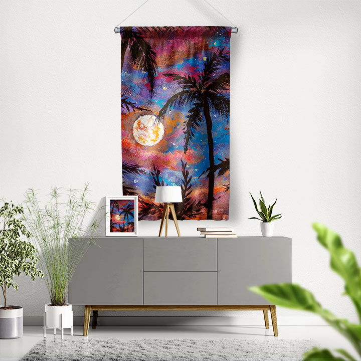 Ay Işığında Palmiye Manzaralı Duvar Flaması 4444